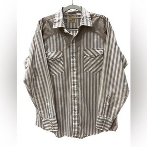 Vintage tan and white stripes Ely Cattleman pearl snap shirt-L